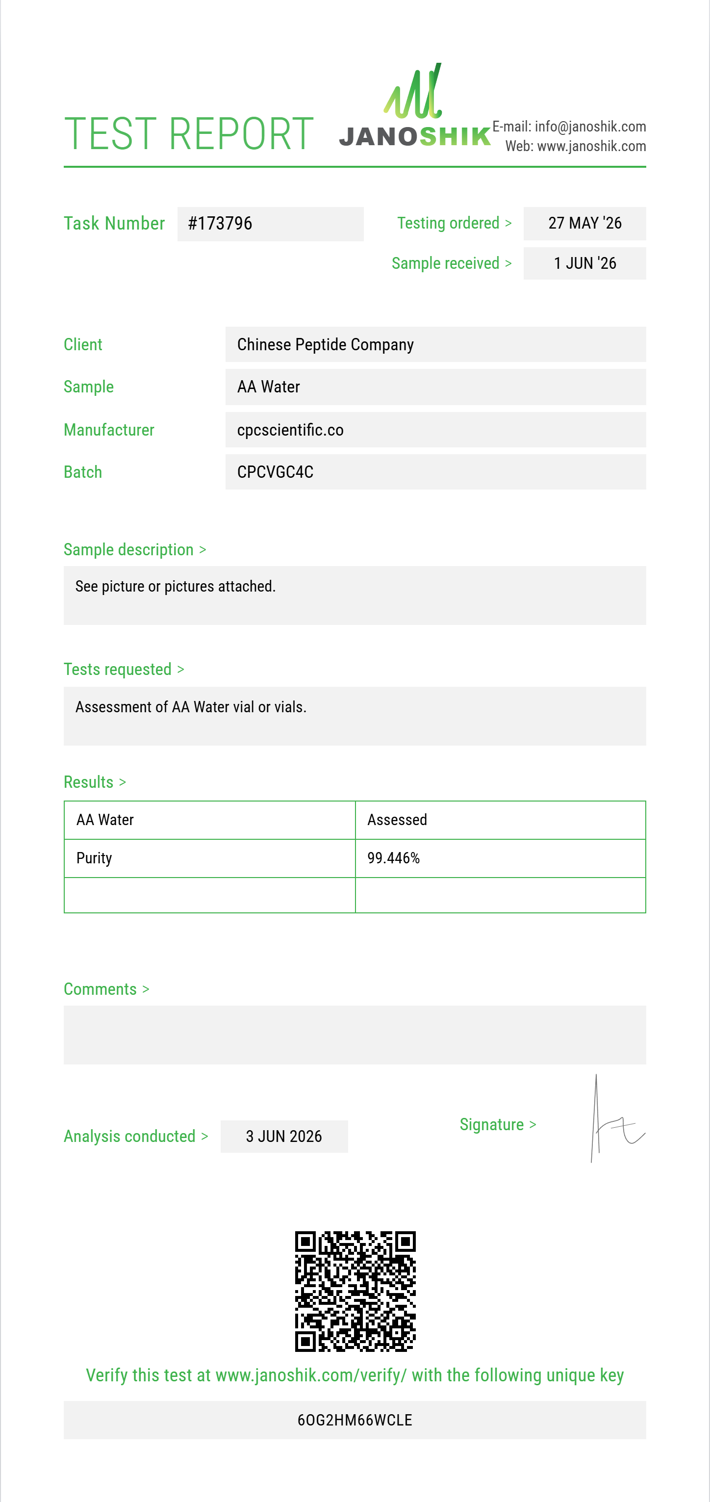 AA Water Purity (HPLC) report by Janoshik Analytical