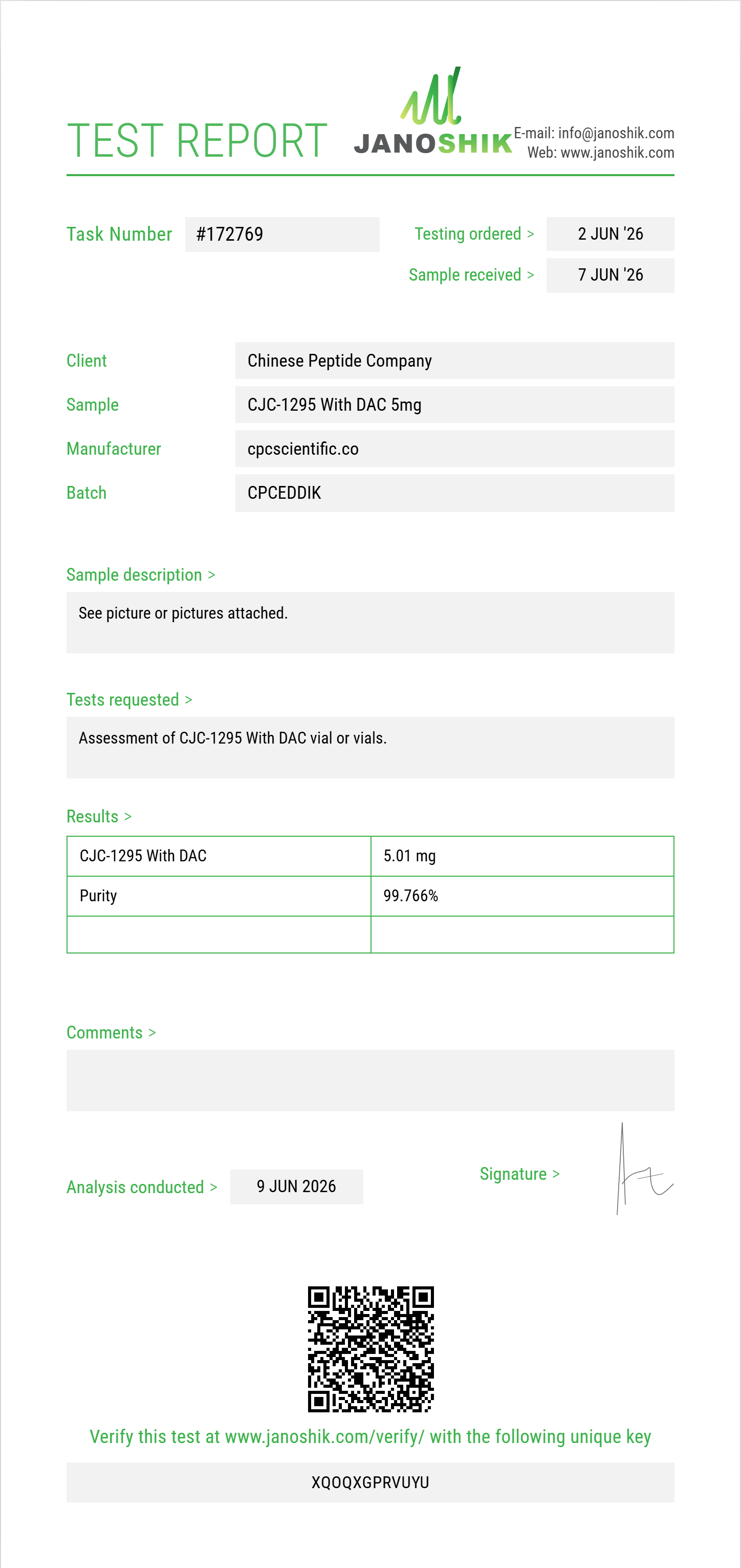 CJC-1295 With DAC Purity (HPLC) report by Janoshik Analytical