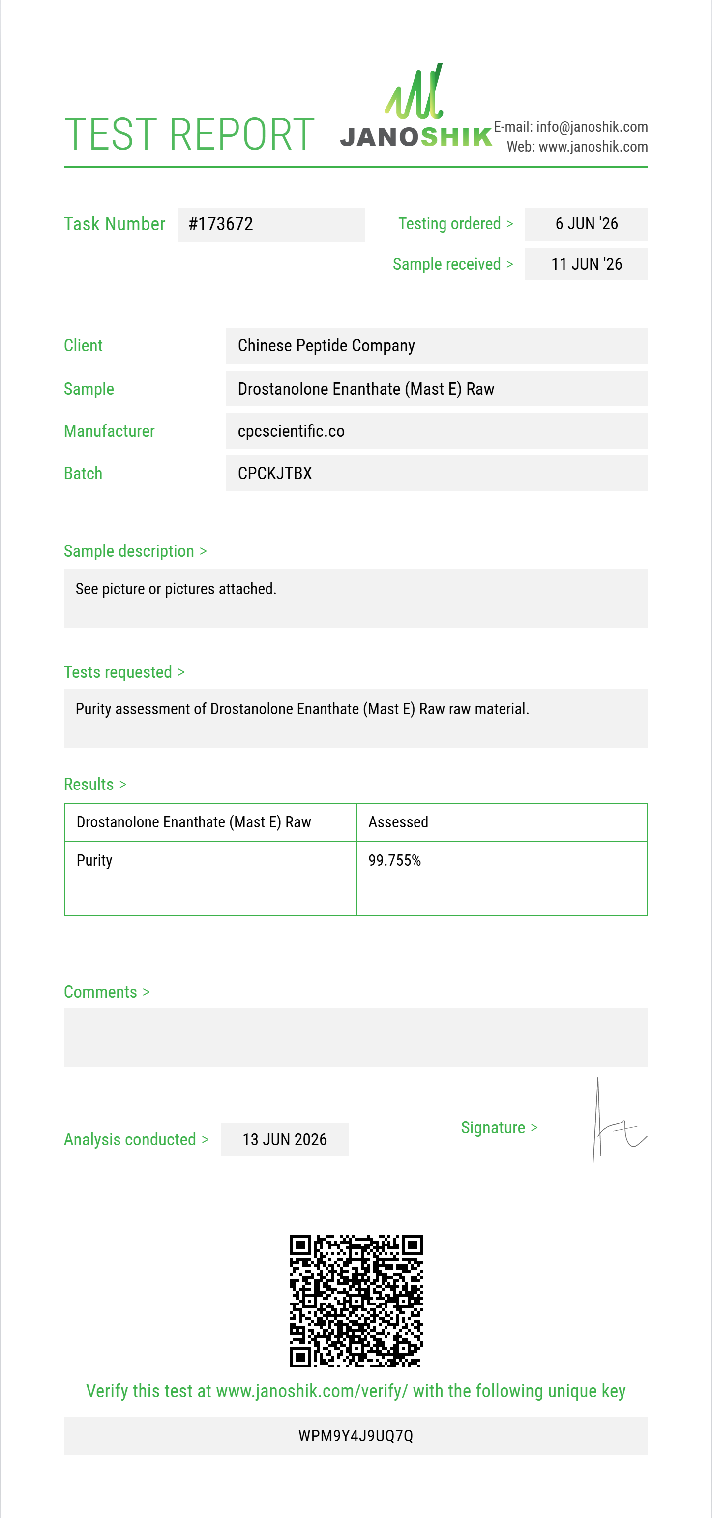 Drostanolone Enanthate (Mast E) Raw Purity (HPLC) report by Janoshik Analytical