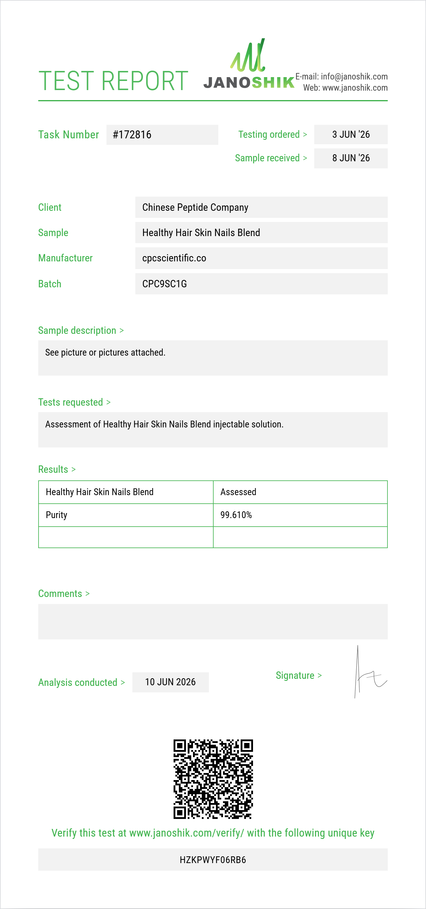 Healthy Hair Skin Nails Blend (Niacinamide+Thiamine+Pantothenic Acid+Choline+Inositol+Niacin+Biotin+Folic Acid+Riboflavin) Purity (HPLC) report by Janoshik Analytical