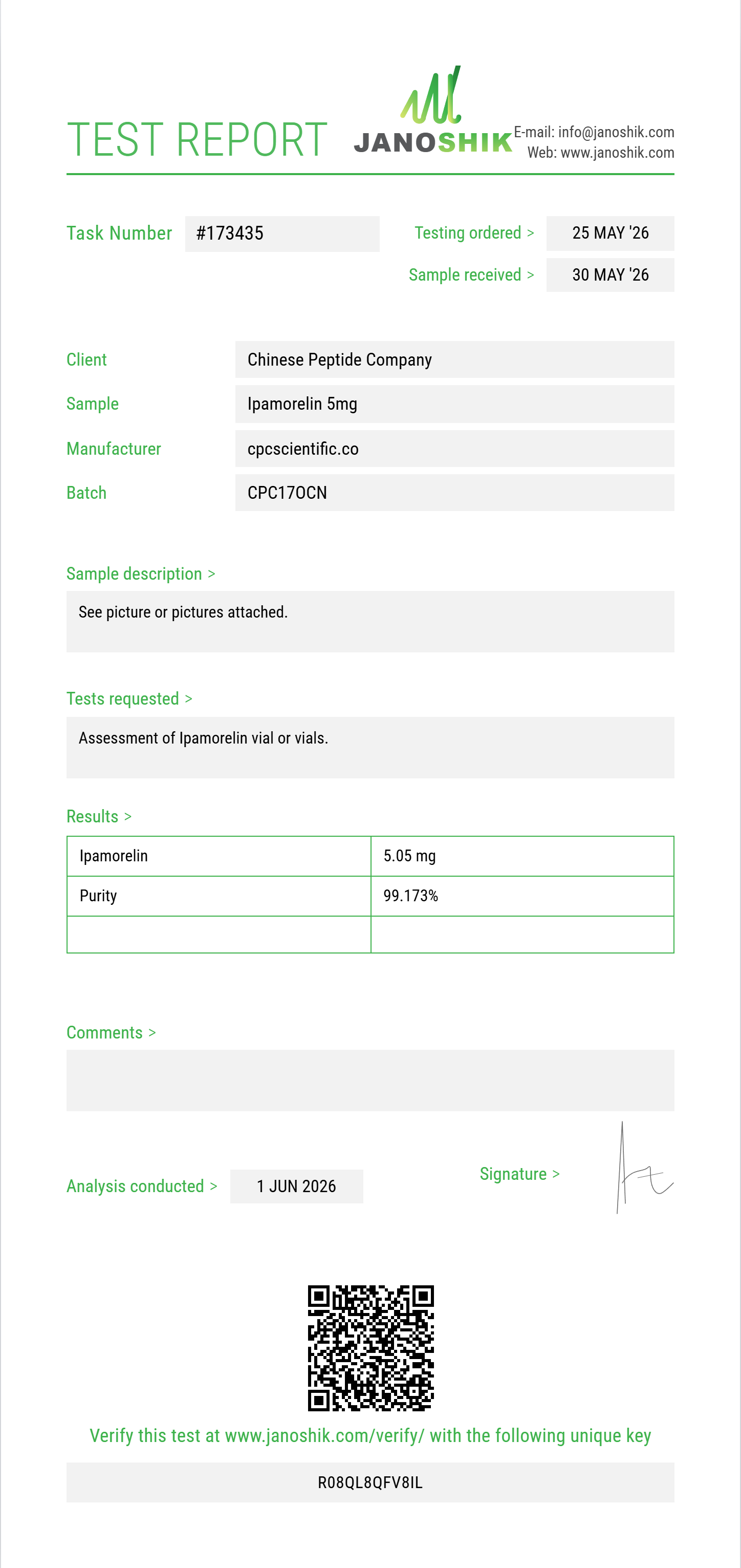 Ipamorelin Purity (HPLC) report by Janoshik Analytical