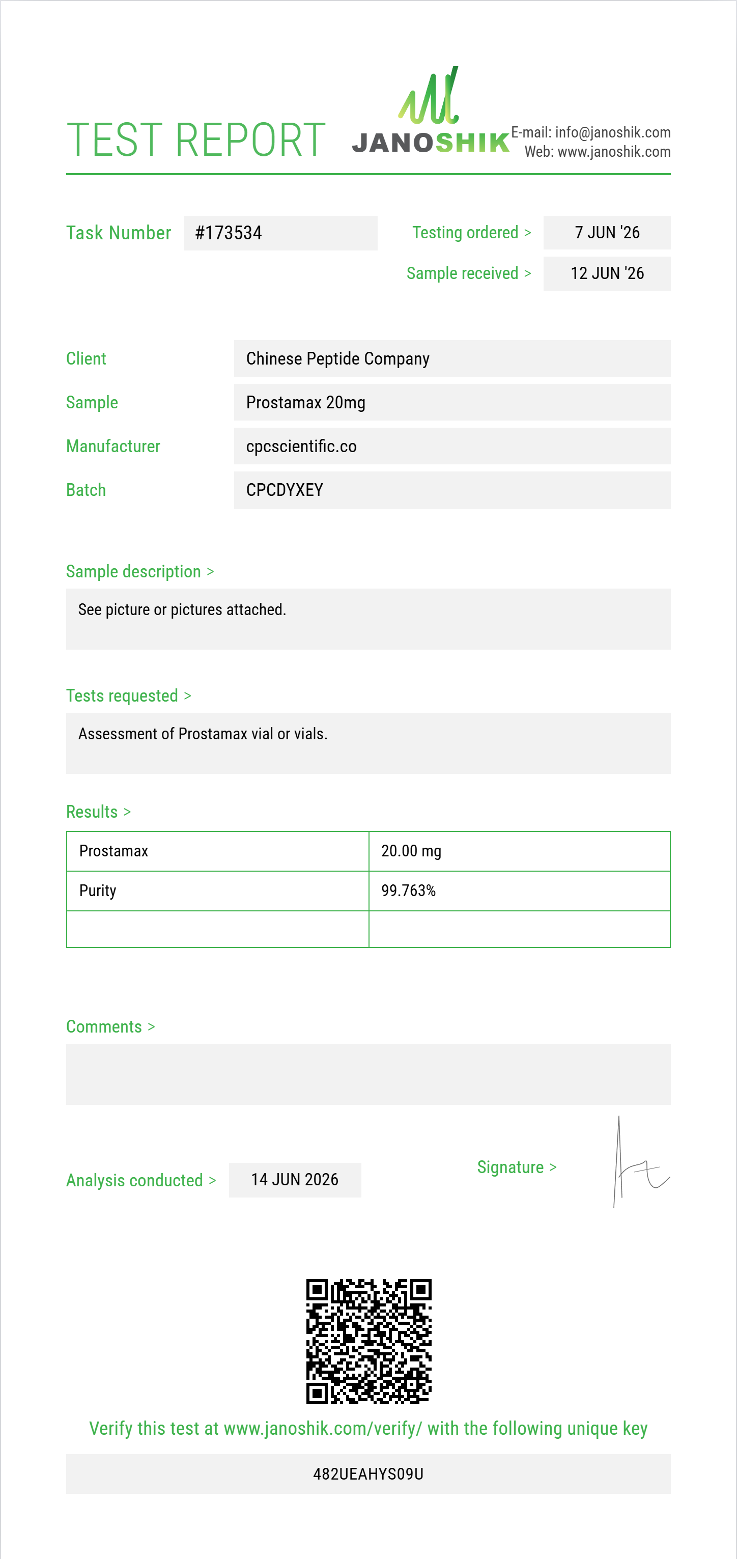 Prostamax Purity (HPLC) report by Janoshik Analytical