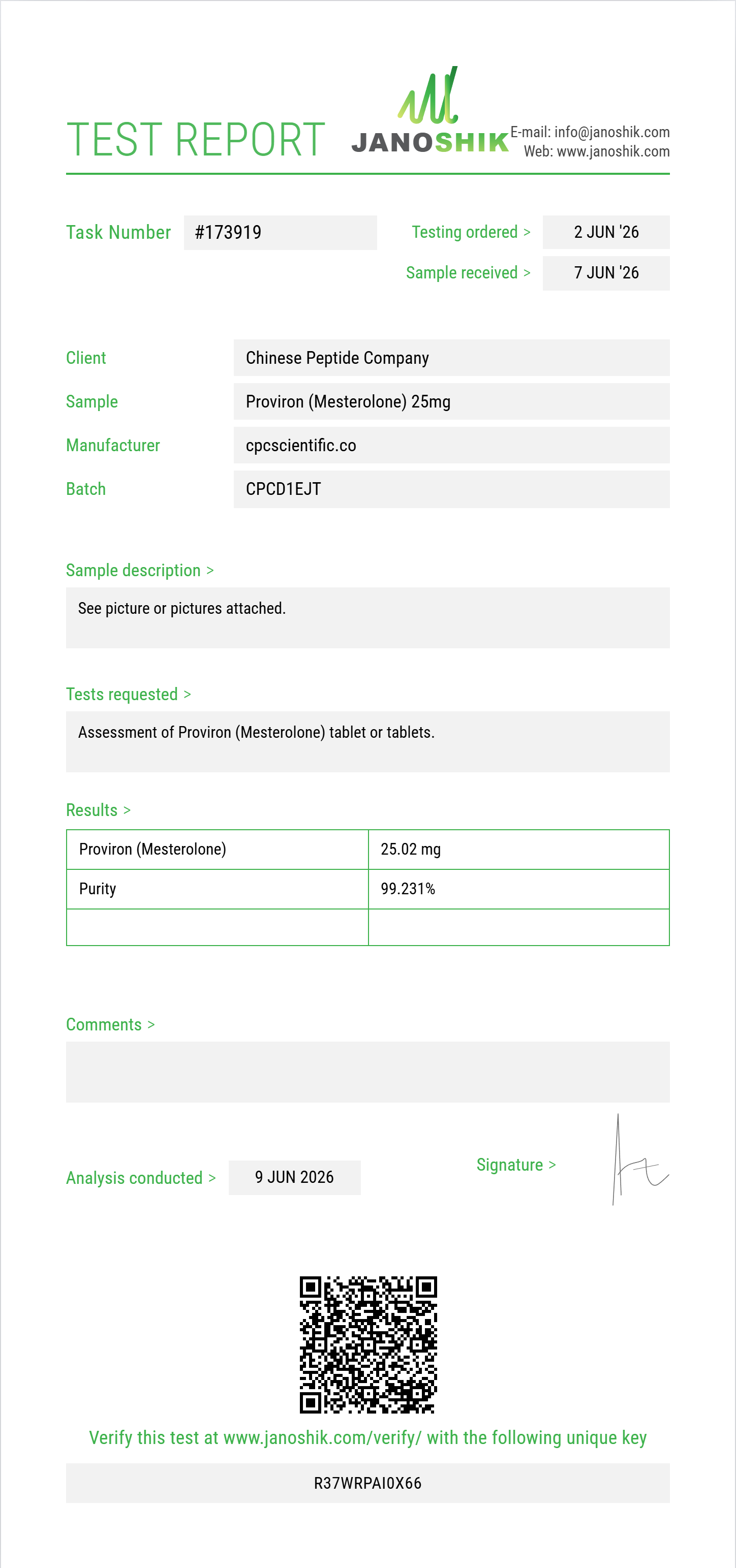 Proviron (Mesterolone) Purity (HPLC) report by Janoshik Analytical