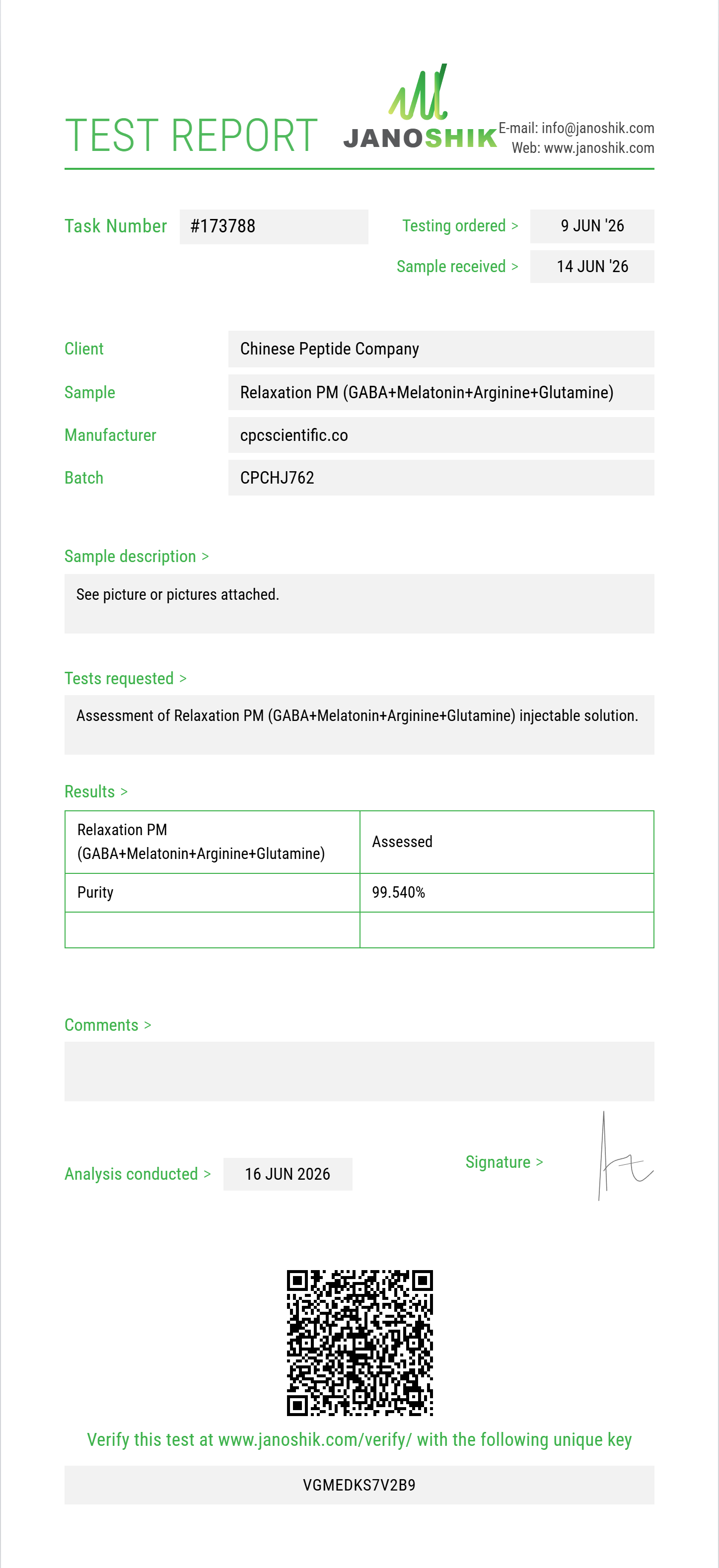 Relaxation PM (GABA 100mg+Melatonin 1mg+Arginine 100mg+Glutamine 25mg) Purity (HPLC) report by Janoshik Analytical