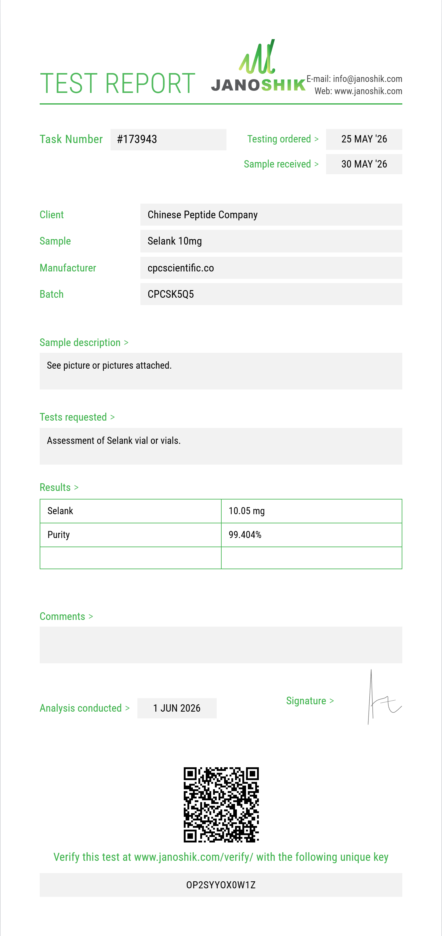 Selank Purity (HPLC) report by Janoshik Analytical