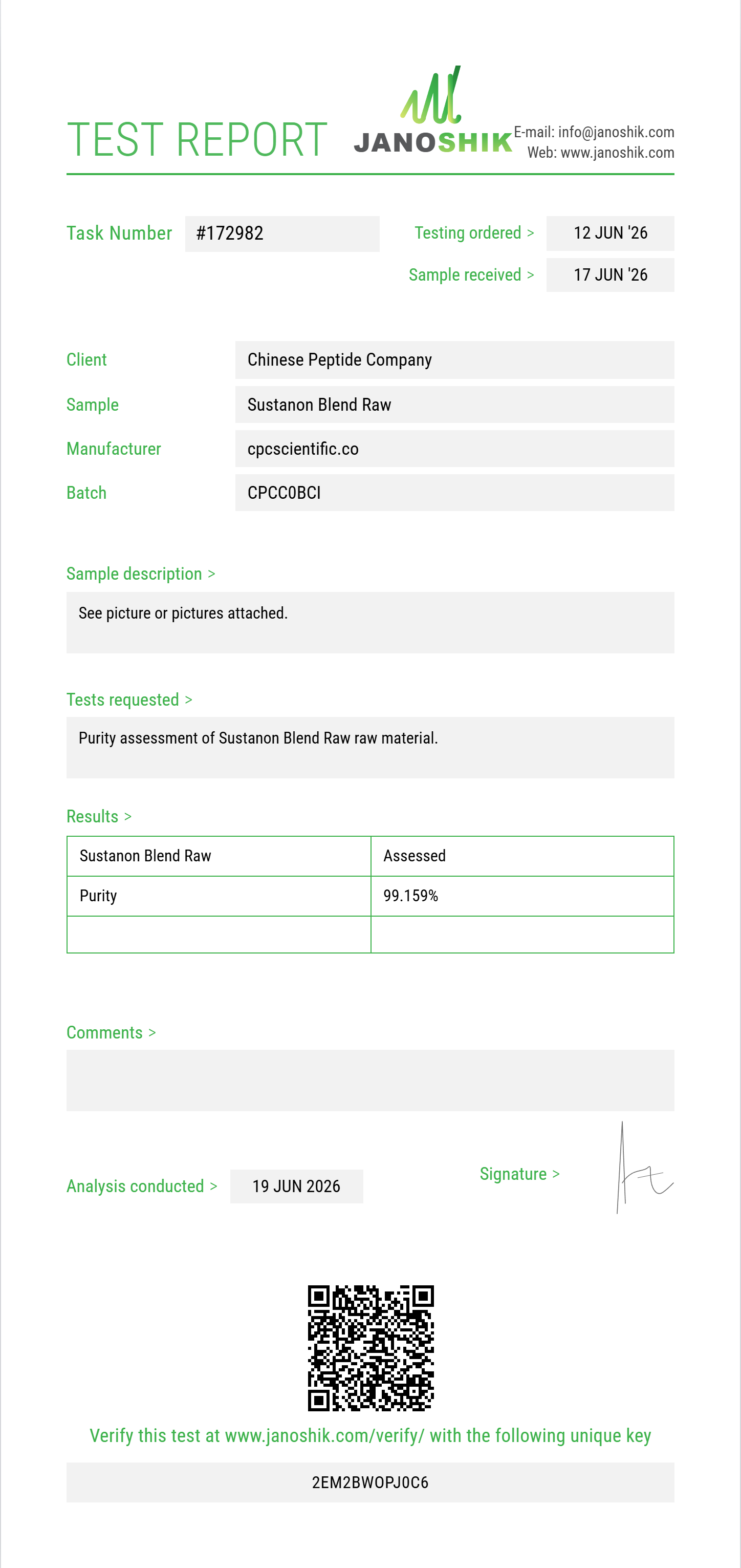 Sustanon Blend Raw Purity (HPLC) report by Janoshik Analytical