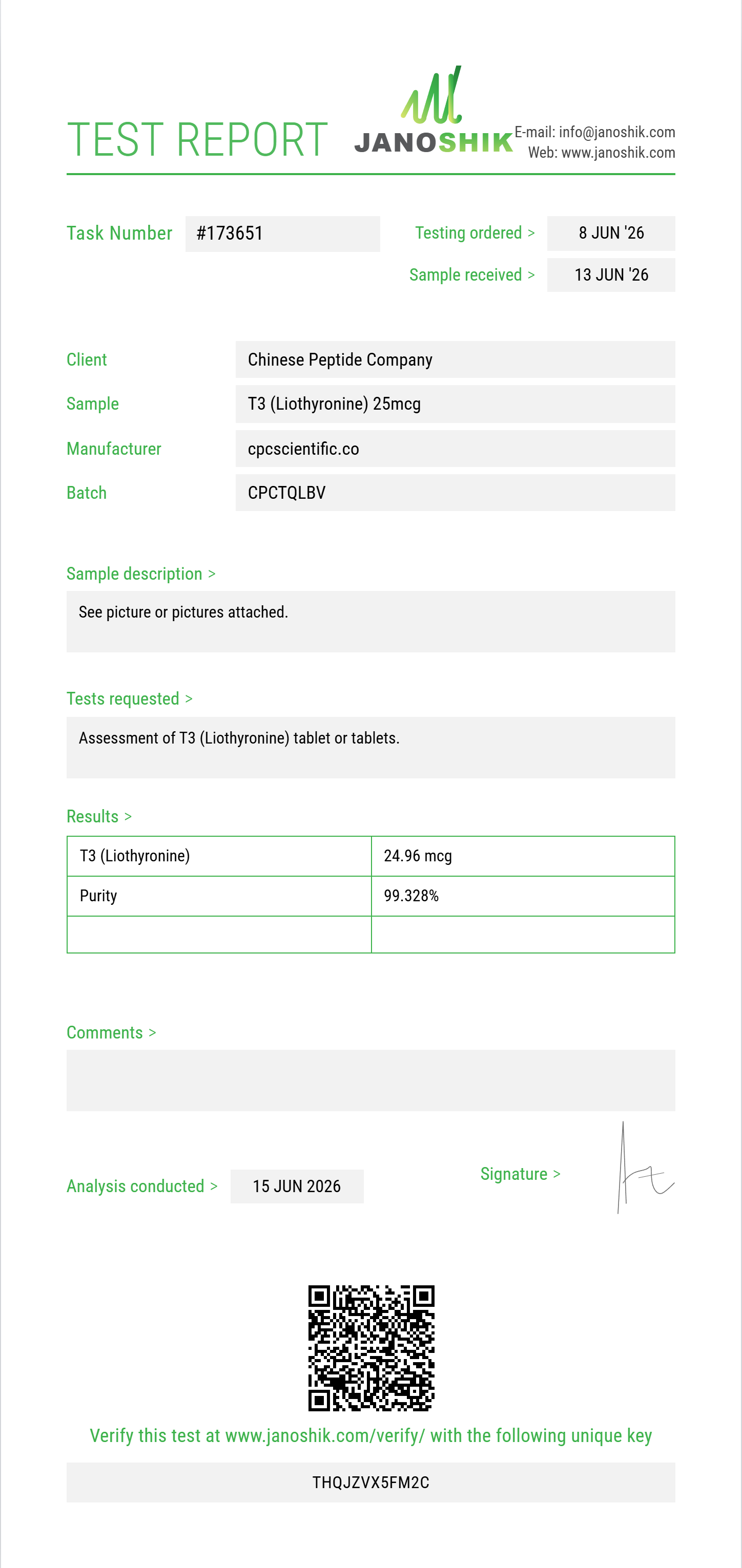 T3 (Liothyronine) Purity (HPLC) report by Janoshik Analytical