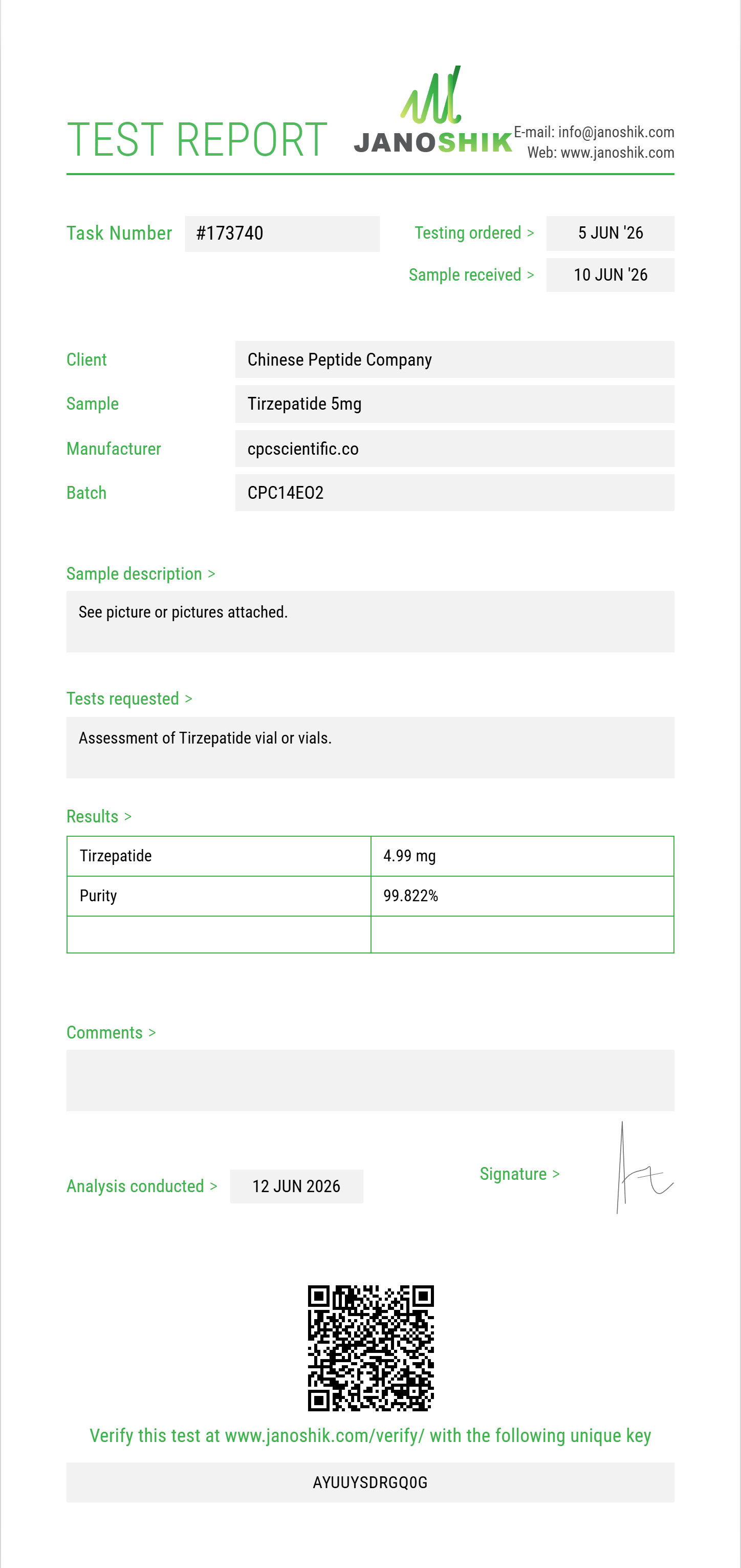 Tirzepatide Purity (HPLC) report by Janoshik Analytical