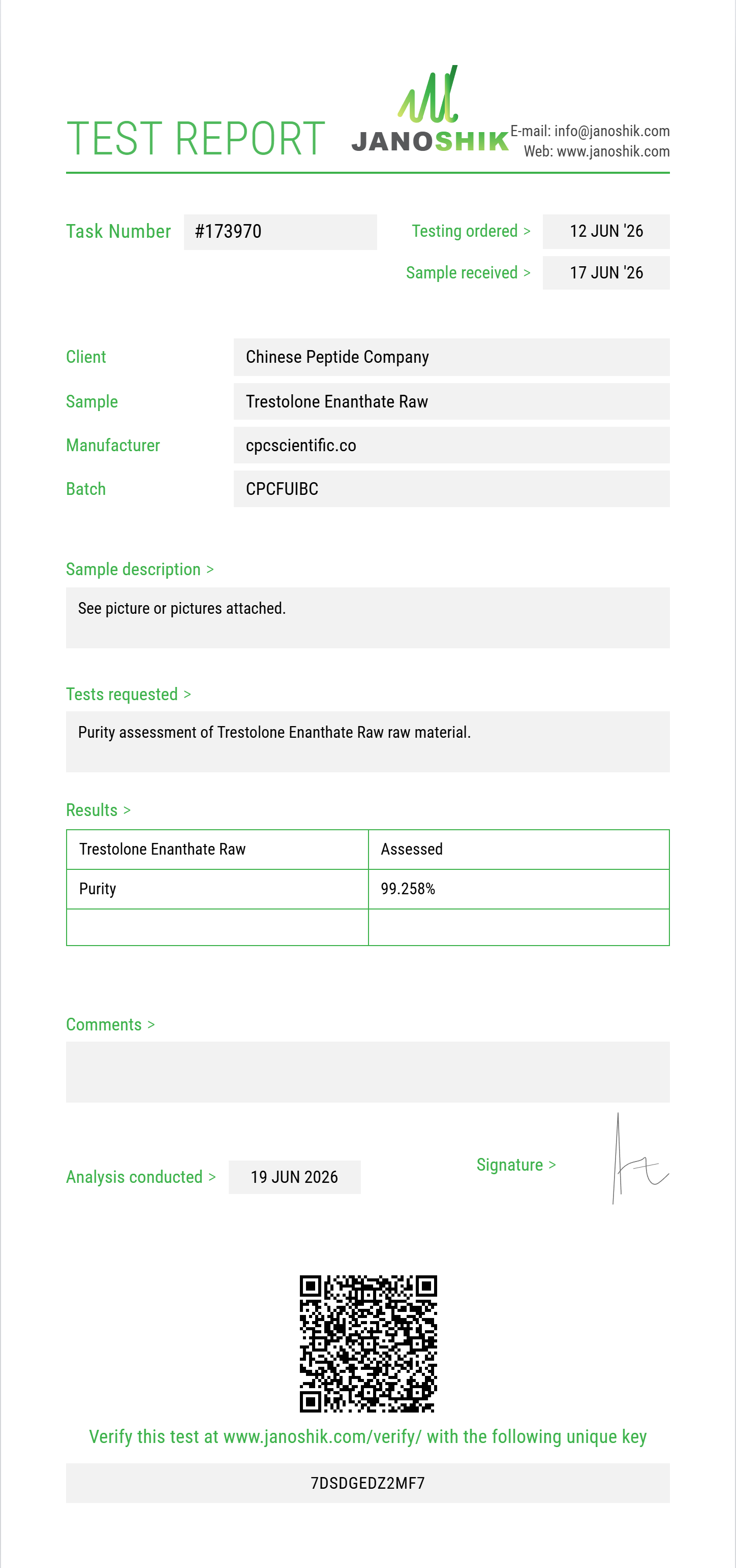 Trestolone Enanthate Raw Purity (HPLC) report by Janoshik Analytical