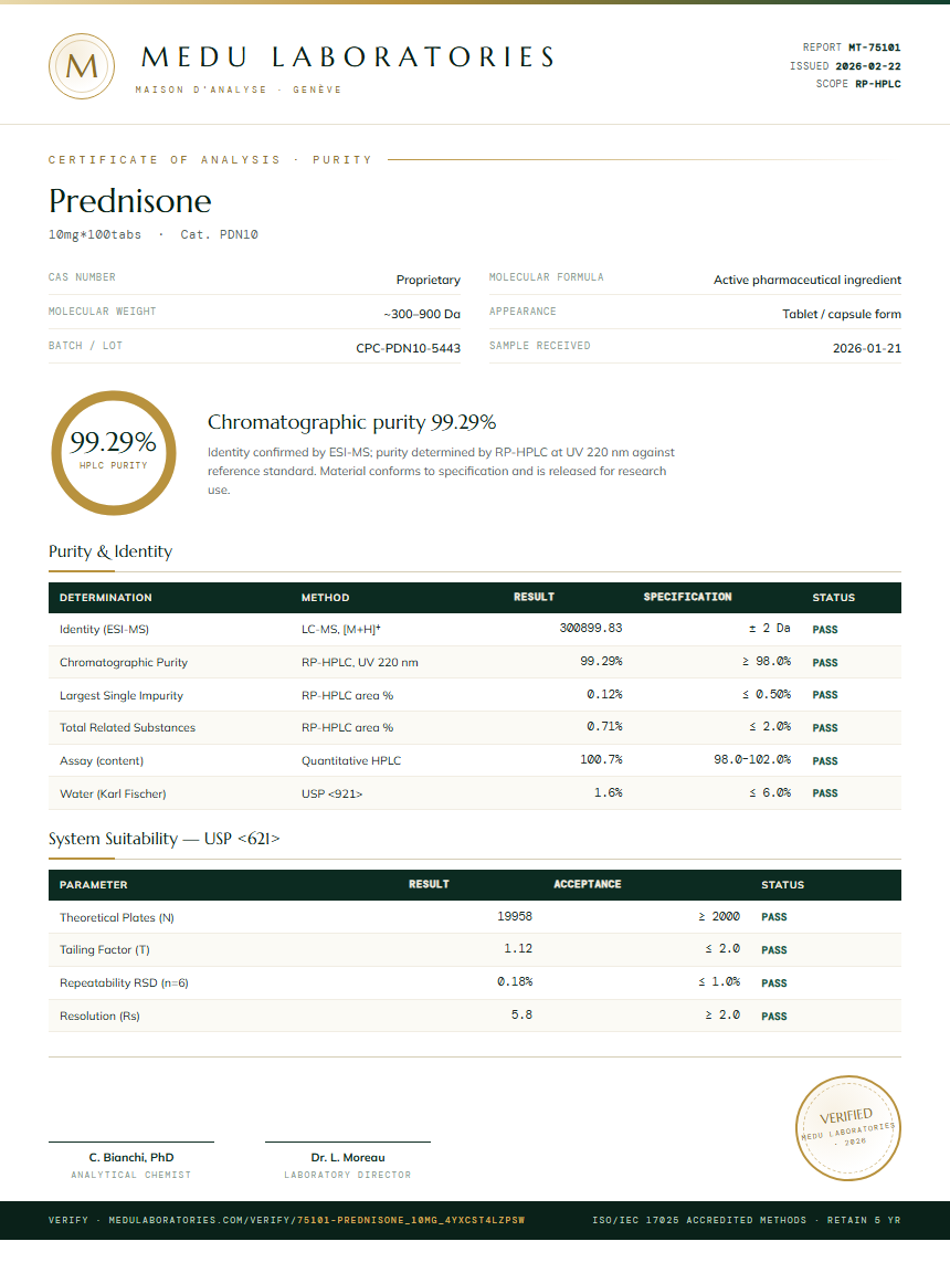 Prednisone Purity Test Report by Medu Laboratories
