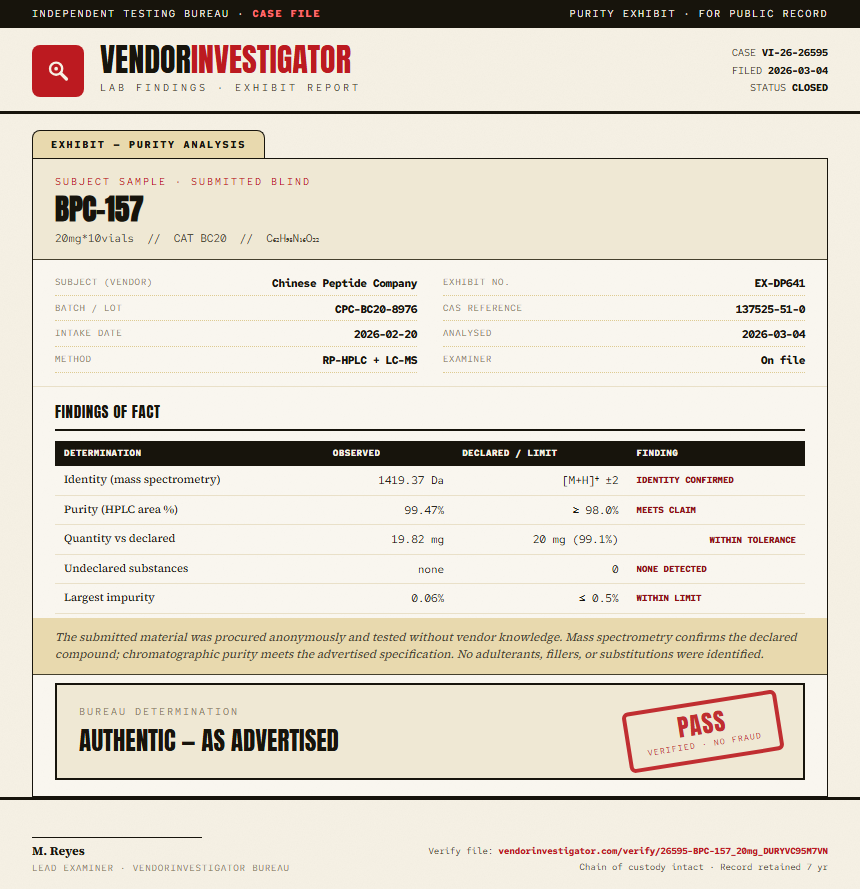 BPC-157 Purity (HPLC) report by VendorInvestigator