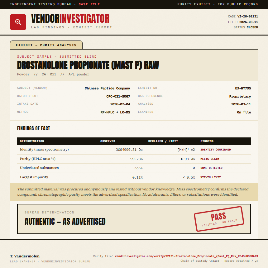 Drostanolone Propionate (Mast P) Raw Purity (HPLC) report by VendorInvestigator