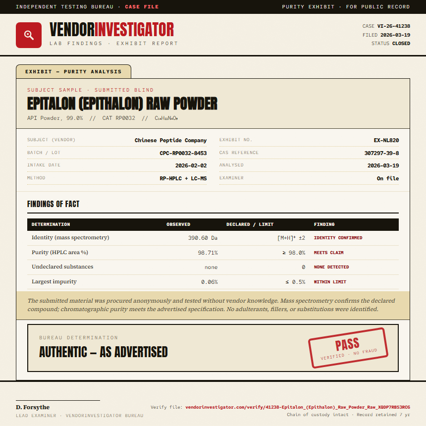 Epitalon (Epithalon) Raw Powder Purity (HPLC) report by VendorInvestigator