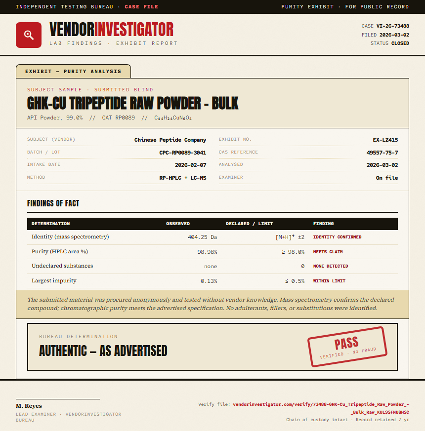 GHK-Cu Tripeptide Raw Powder - Bulk Purity (HPLC) report by VendorInvestigator