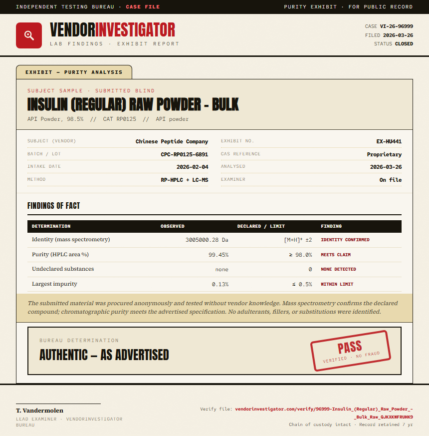 Insulin (Regular) Raw Powder - Bulk Purity (HPLC) report by VendorInvestigator