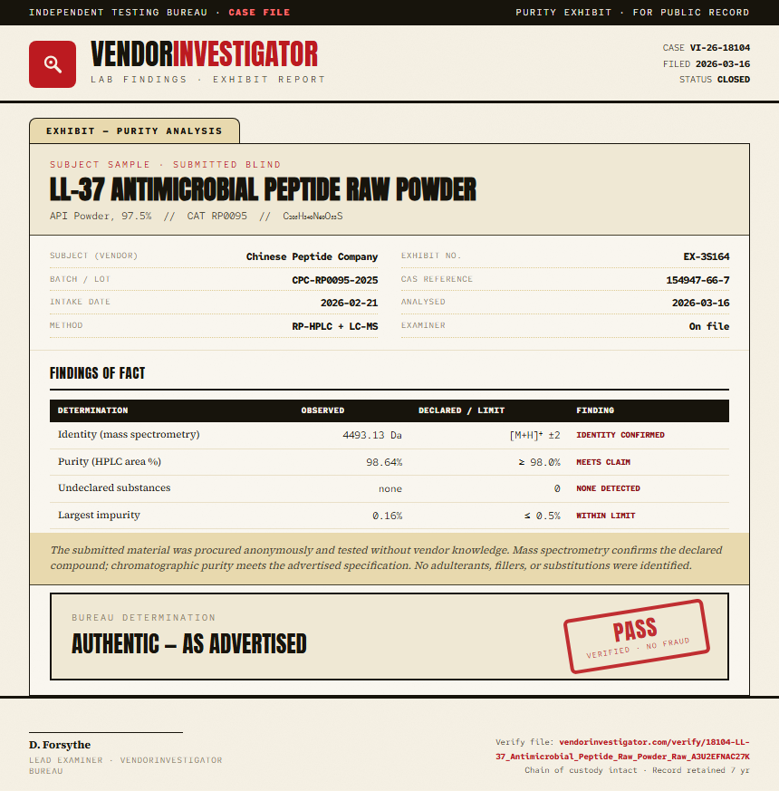 LL-37 Antimicrobial Peptide Raw Powder Purity (HPLC) report by VendorInvestigator