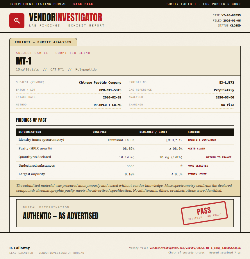 MT-1 Purity (HPLC) report by VendorInvestigator