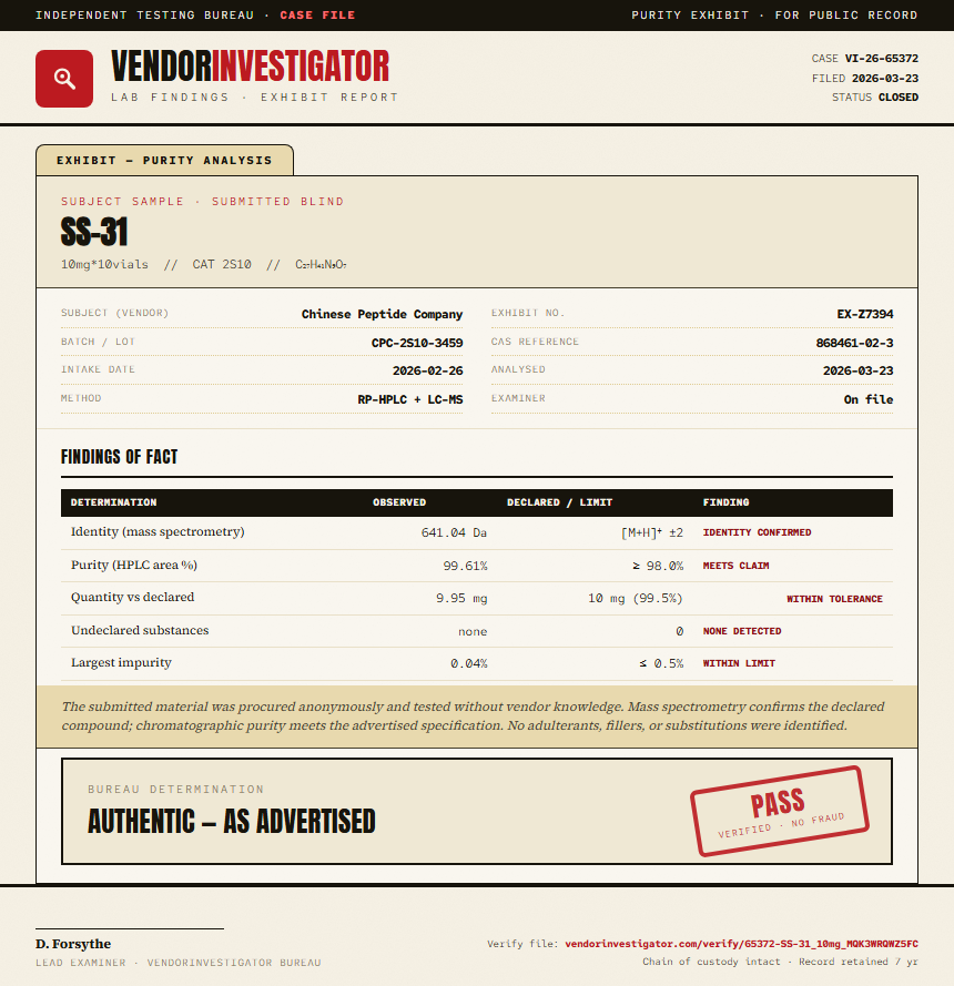 SS-31 Purity (HPLC) report by VendorInvestigator