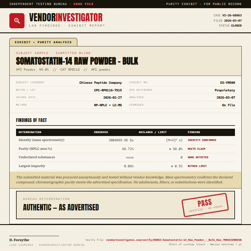 Somatostatin-14 Raw Powder - Bulk Purity (HPLC) report by VendorInvestigator