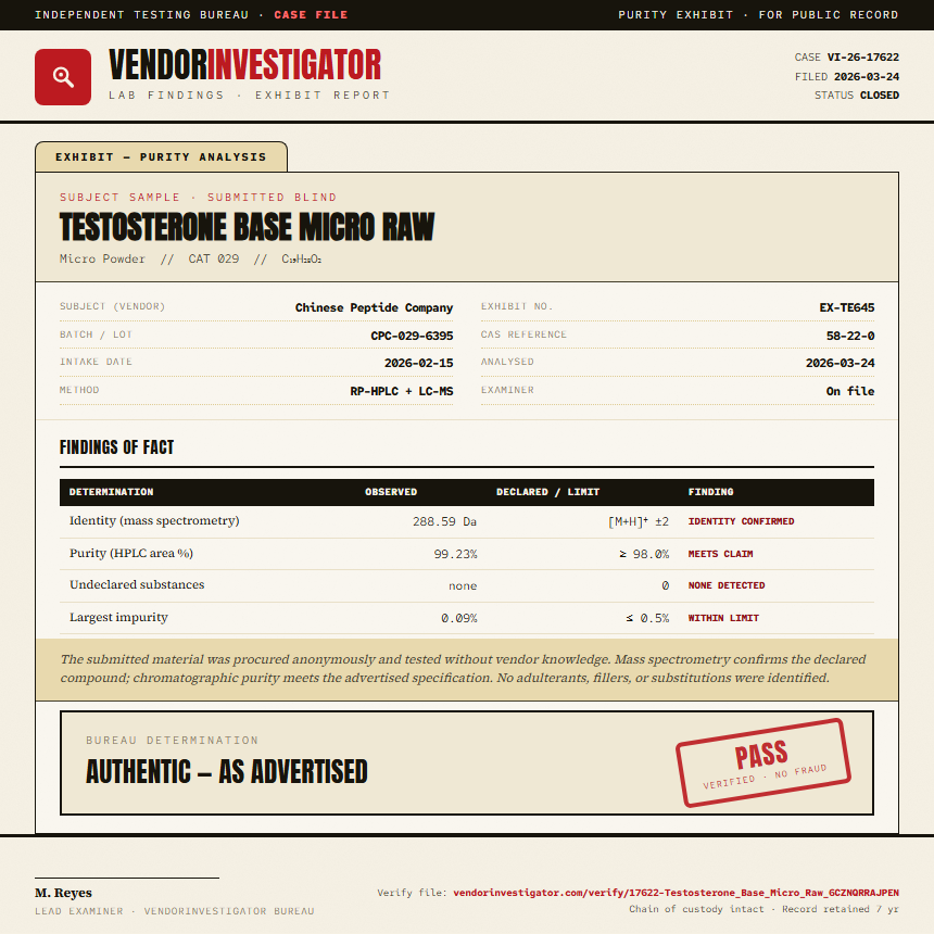 Testosterone Base Micro Raw Purity (HPLC) report by VendorInvestigator