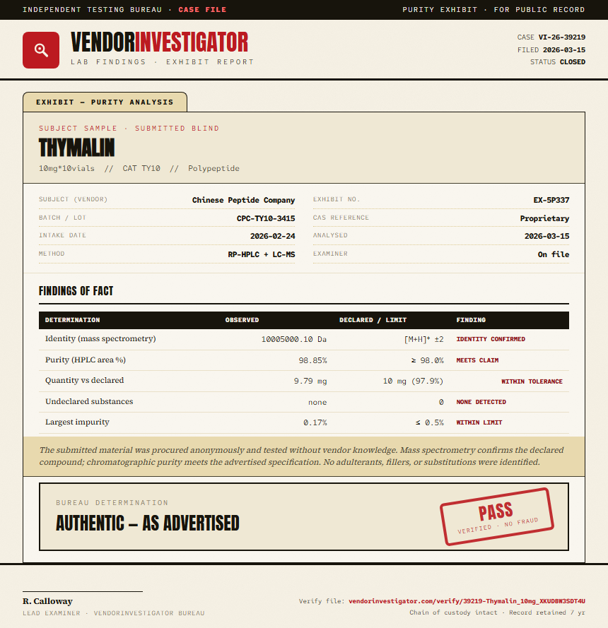 Thymalin Purity (HPLC) report by VendorInvestigator