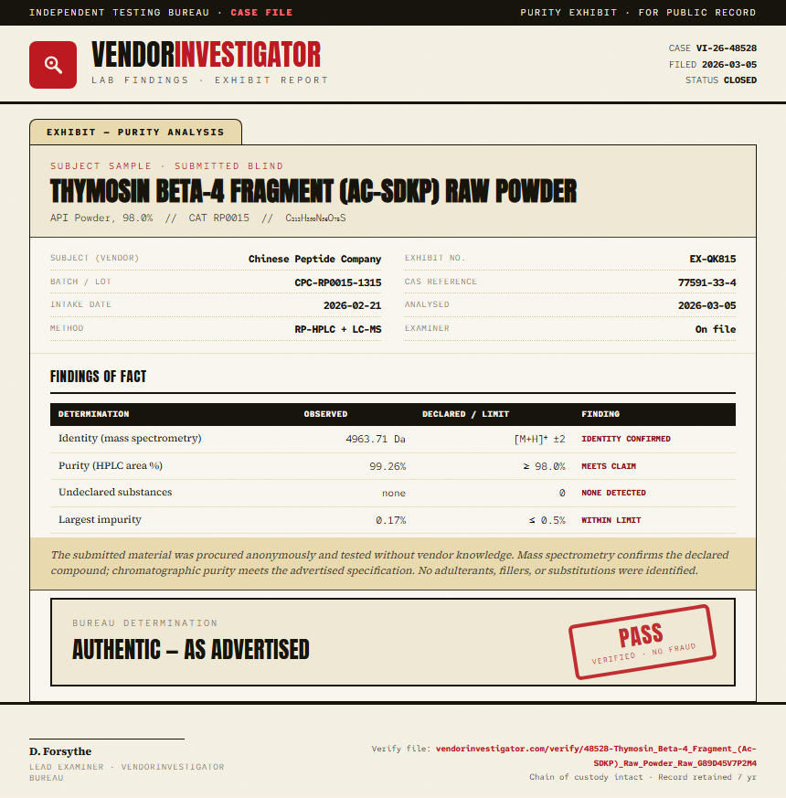 Thymosin Beta-4 Fragment (Ac-SDKP) Raw Powder Purity (HPLC) report by VendorInvestigator