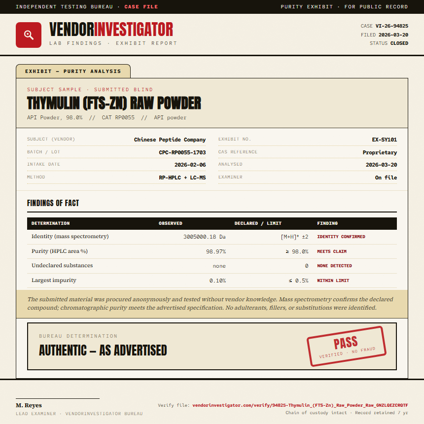 Thymulin (FTS-Zn) Raw Powder Purity (HPLC) report by VendorInvestigator