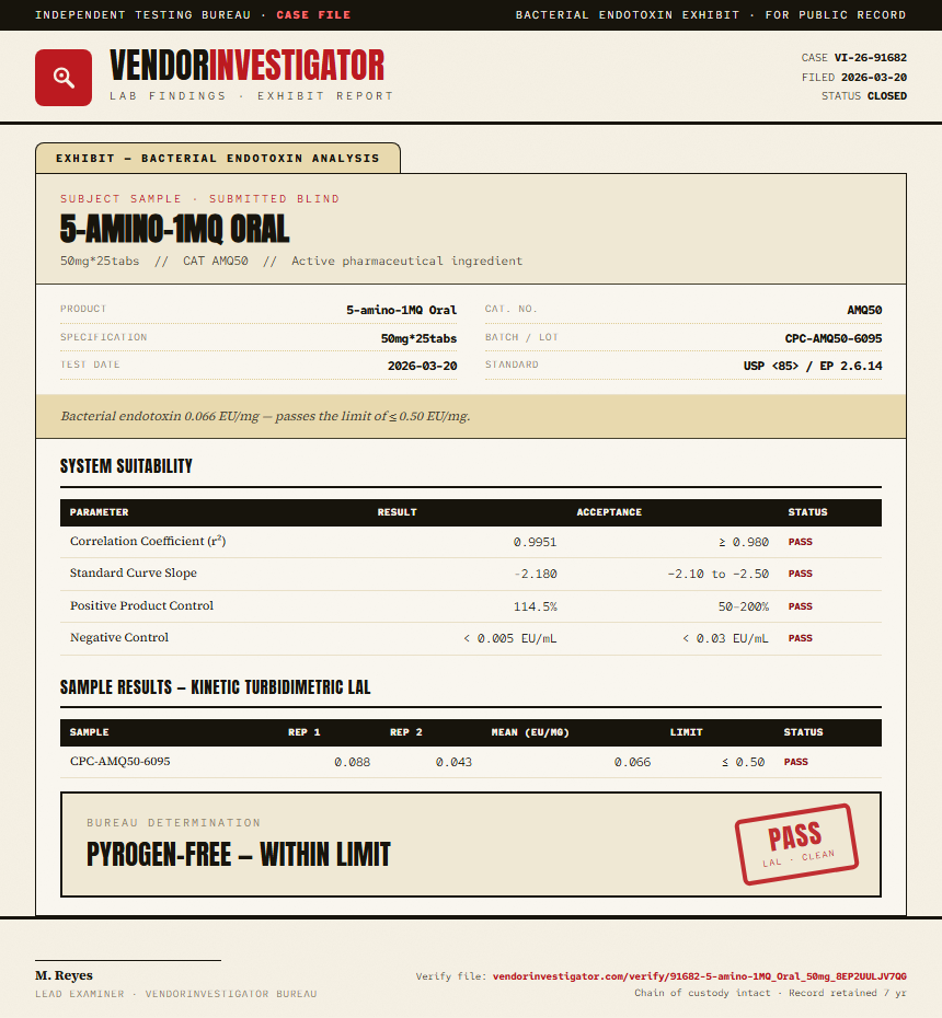 5-amino-1MQ Oral Endotoxin report by VendorInvestigator