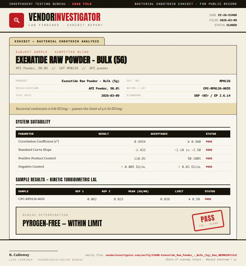 Exenatide Raw Powder - Bulk (5g) Endotoxin report by VendorInvestigator