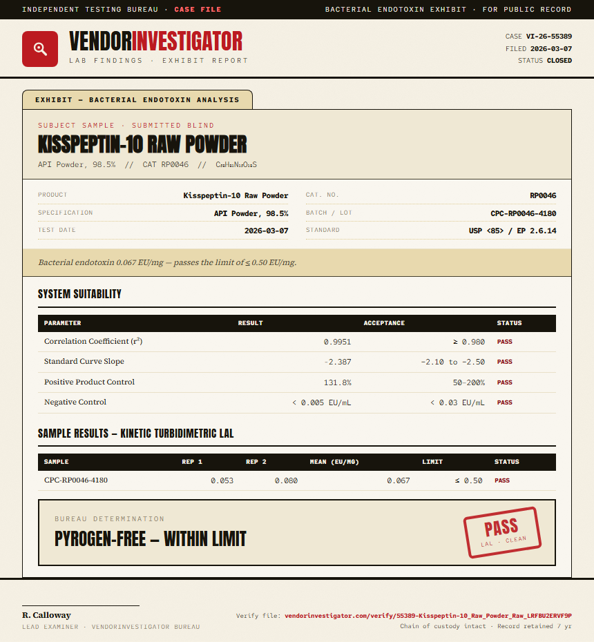 Kisspeptin-10 Raw Powder Endotoxin report by VendorInvestigator