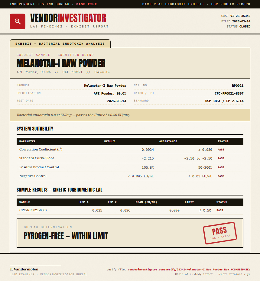 Melanotan-I Raw Powder Endotoxin report by VendorInvestigator