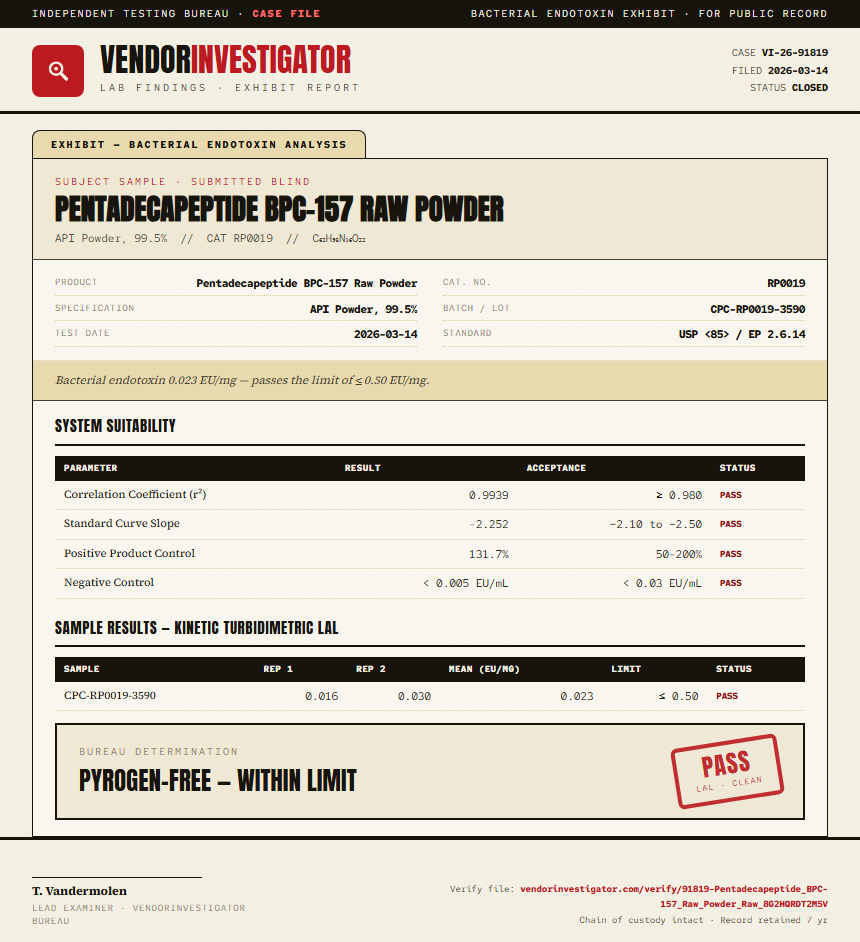 Pentadecapeptide BPC-157 Raw Powder Endotoxin report by VendorInvestigator