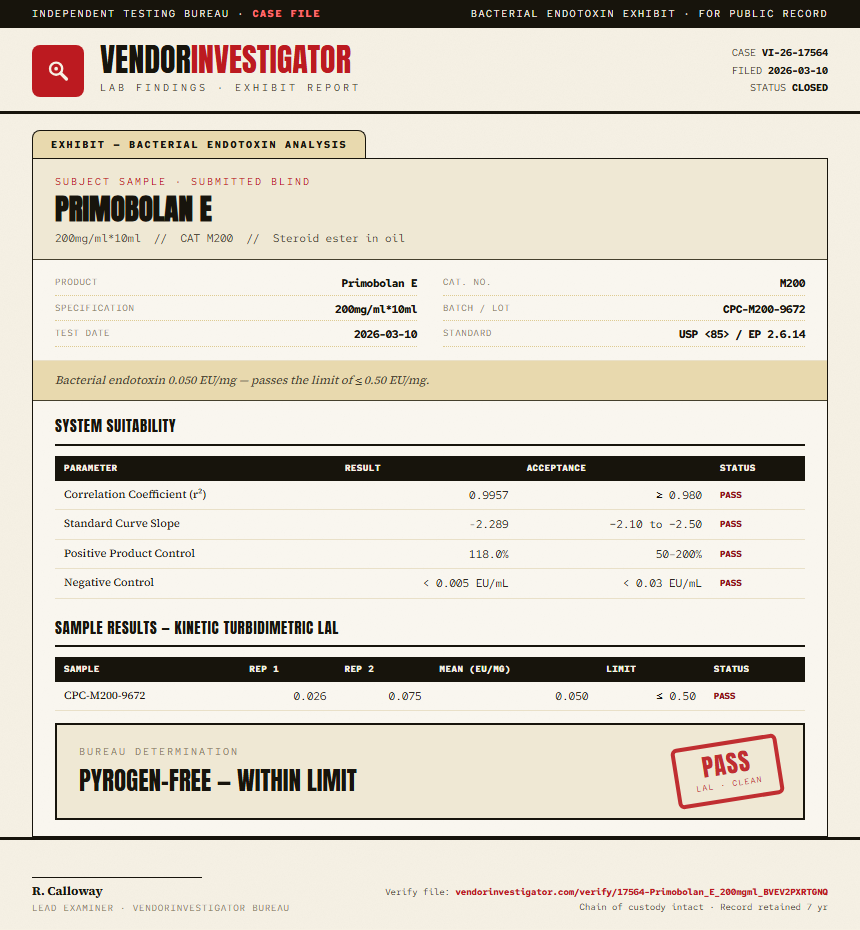 Primobolan E Endotoxin report by VendorInvestigator