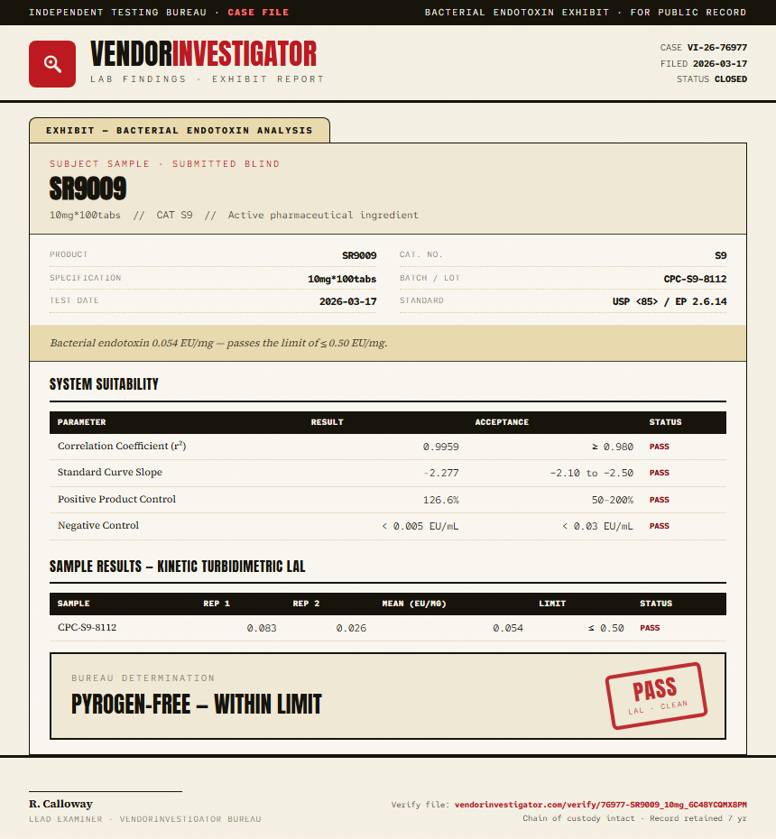 SR9009 Endotoxin report by VendorInvestigator