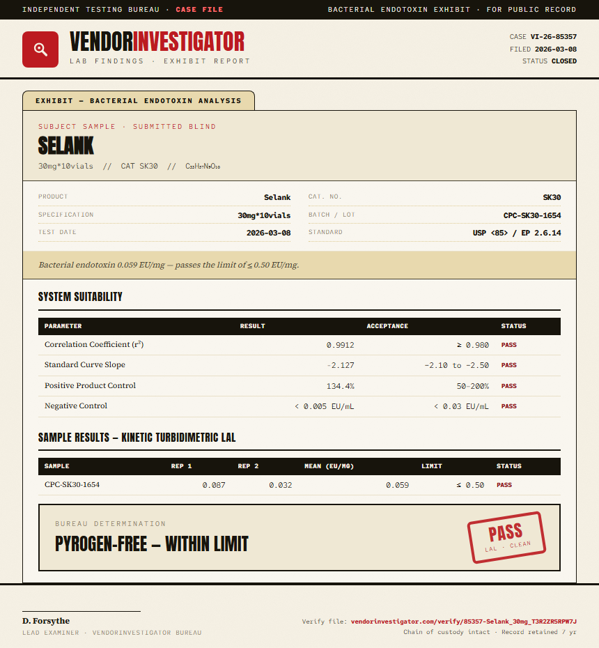 Selank Endotoxin report by VendorInvestigator