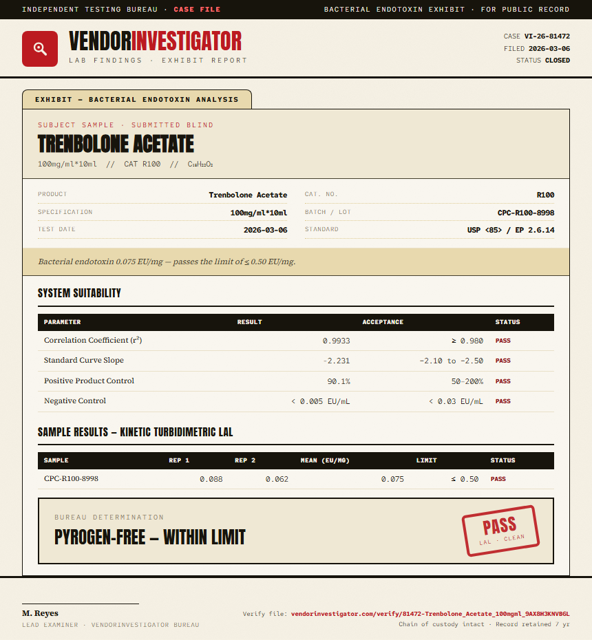 Trenbolone Acetate Endotoxin report by VendorInvestigator