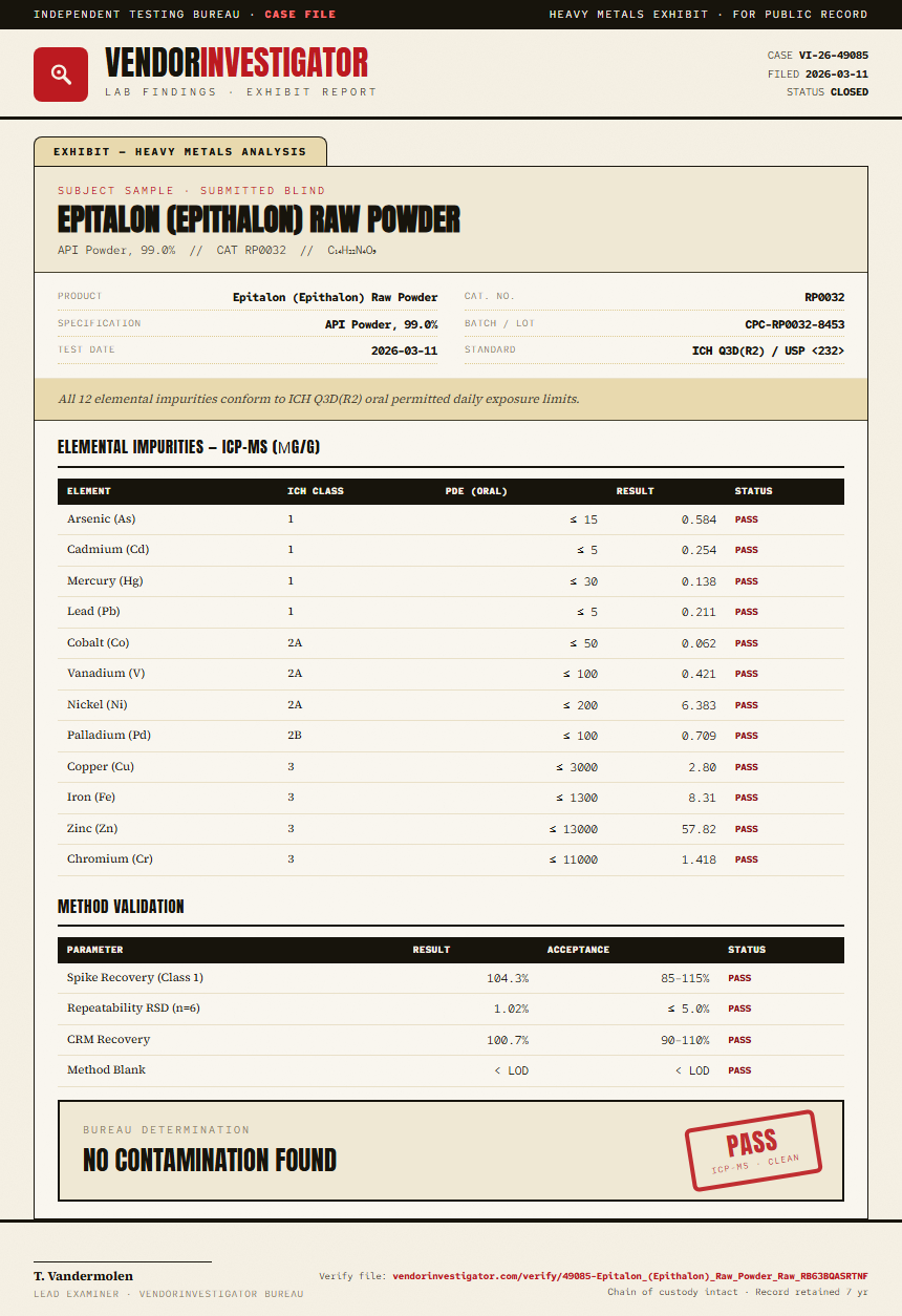Epitalon (Epithalon) Raw Powder Heavy Metals report by VendorInvestigator