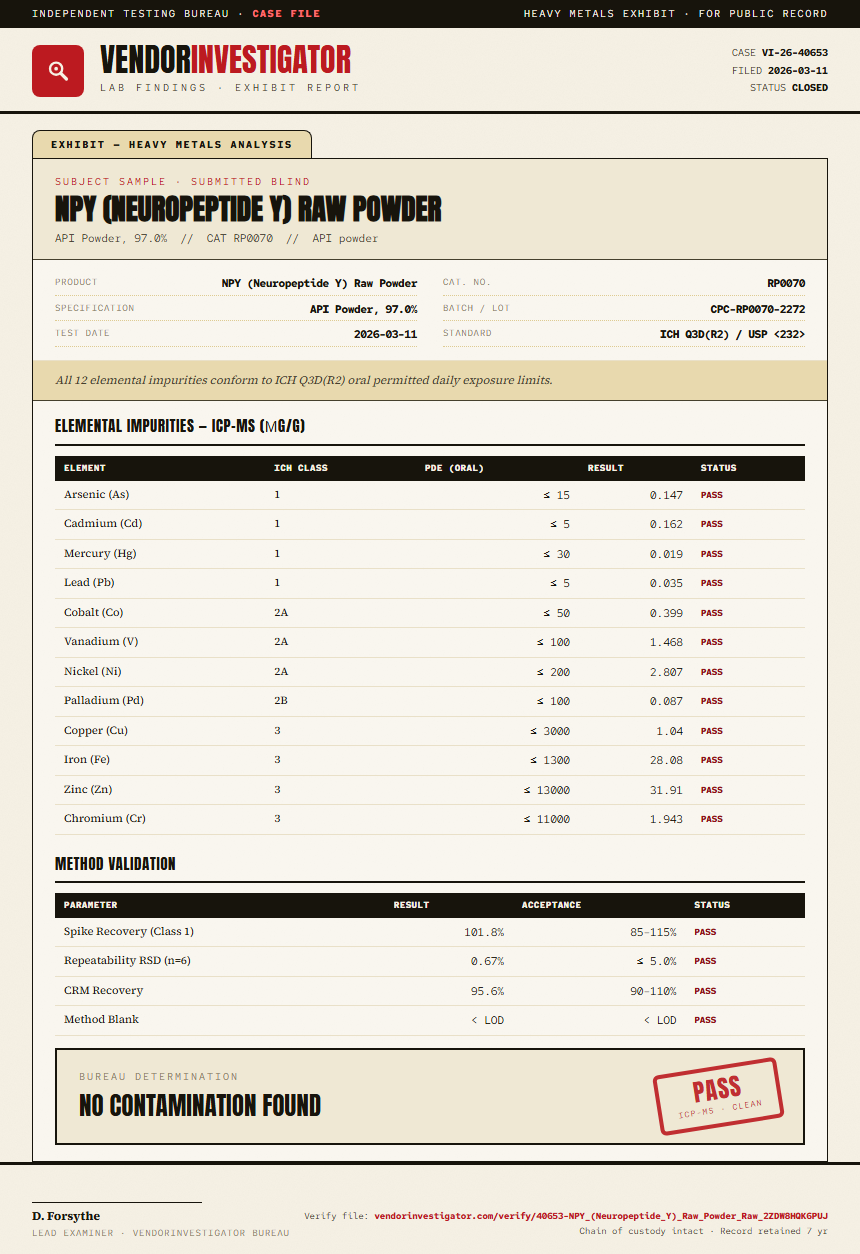 NPY (Neuropeptide Y) Raw Powder Heavy Metals report by VendorInvestigator